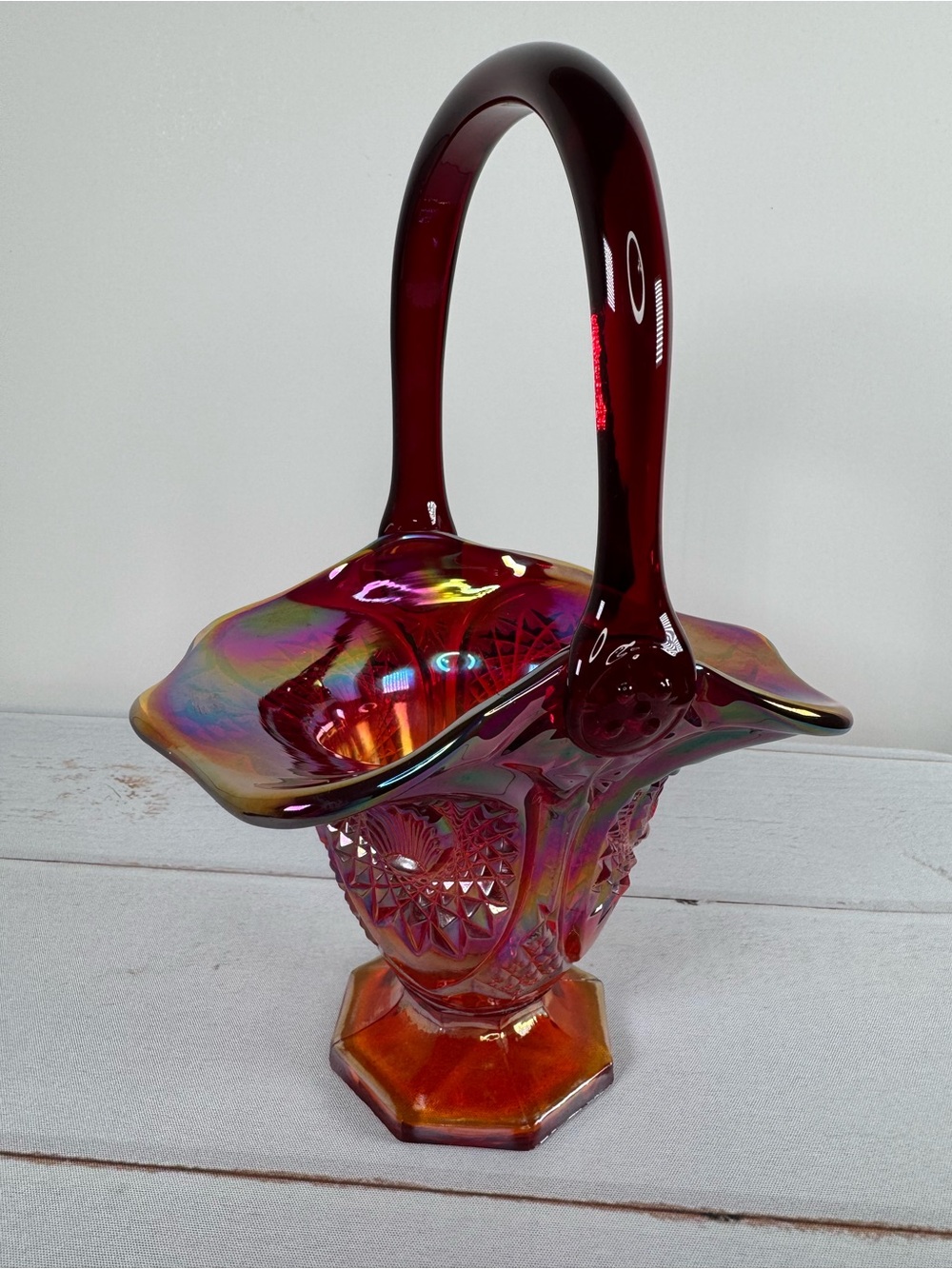 Vintage Indiana Glass Heirloom Sunset Red Carnival Glass Basket
